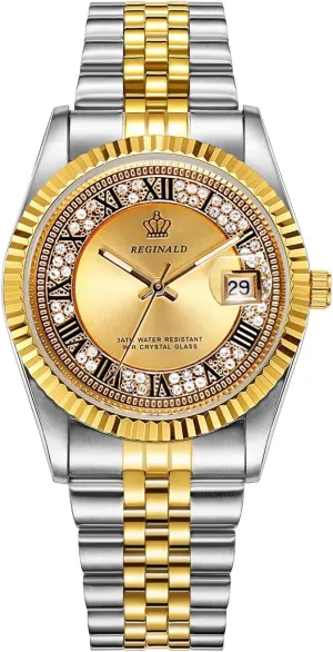 Full Gold Stainless Steel Quartz Dial Unisex Watch Reginald goal chip basement Mens Watches Hands Sapphire 