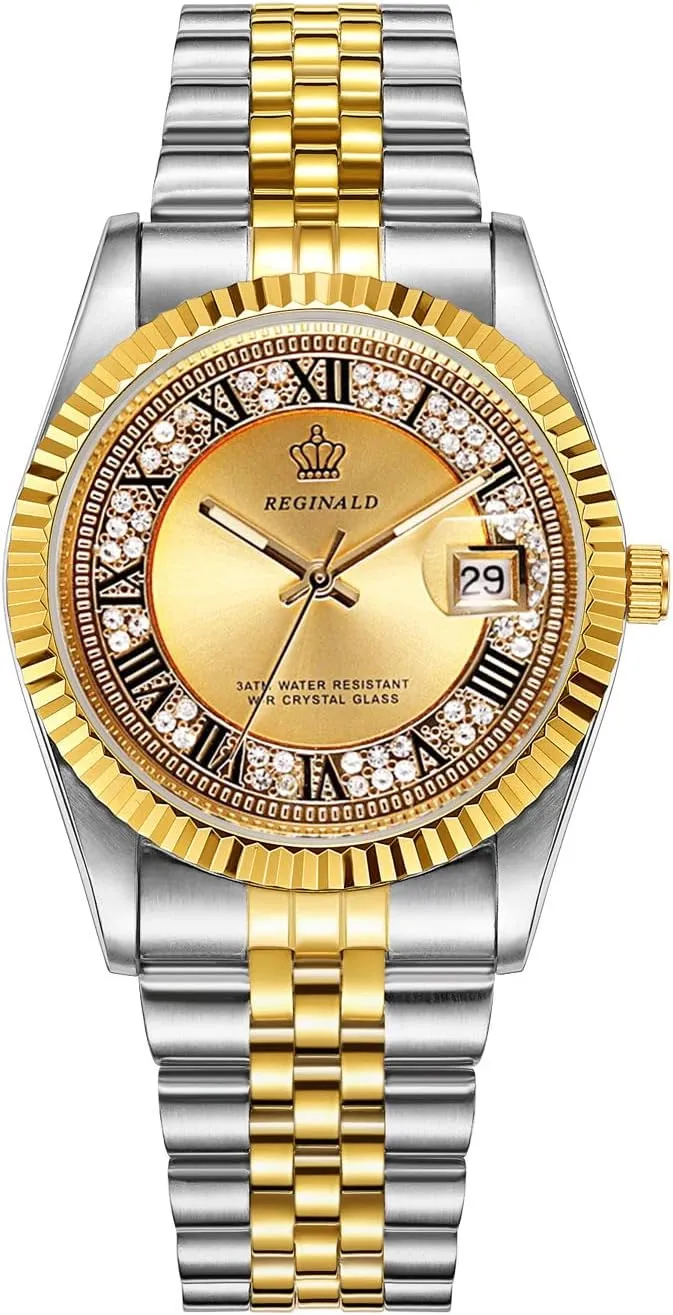 Full Gold Stainless Steel Quartz Dial Unisex Watch Reginald goal chip basement Mens Watches Hands Sapphire 