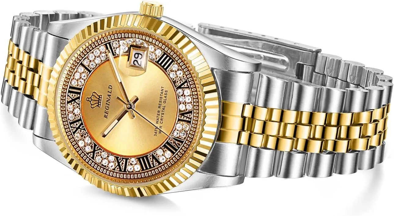 Full Gold Stainless Steel Quartz Dial Unisex Watch Reginald goal chip basement Mens Watches Hands Sapphire 