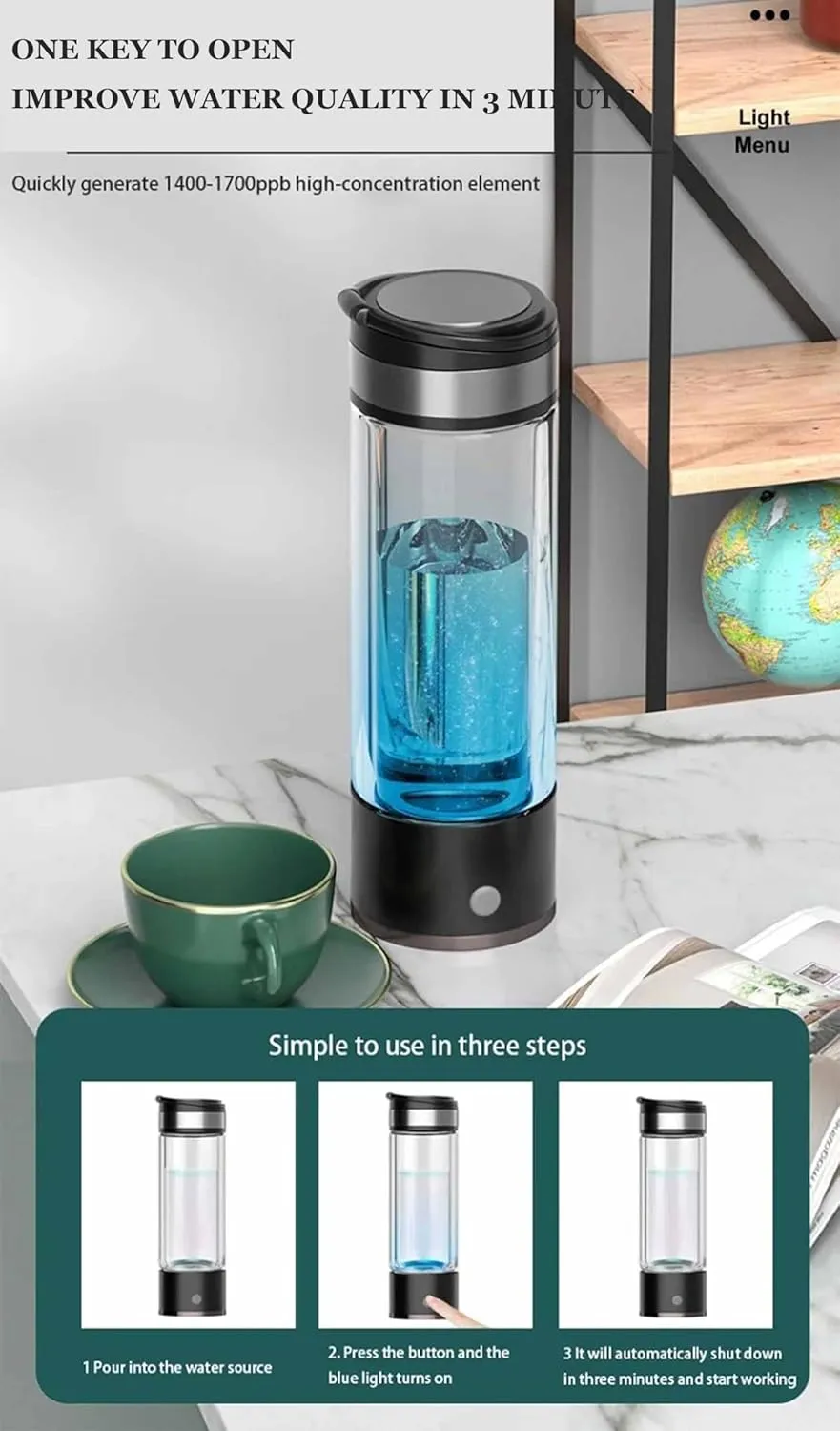 Generator, Hydrogen Content up to 5500PPB 3-in-1 Hydrogen Water Bottle Generator, insufficient crush worm silica parachute march SPE Electrolysis Technology, USB Rechargeable Portable Hydrogen Water 