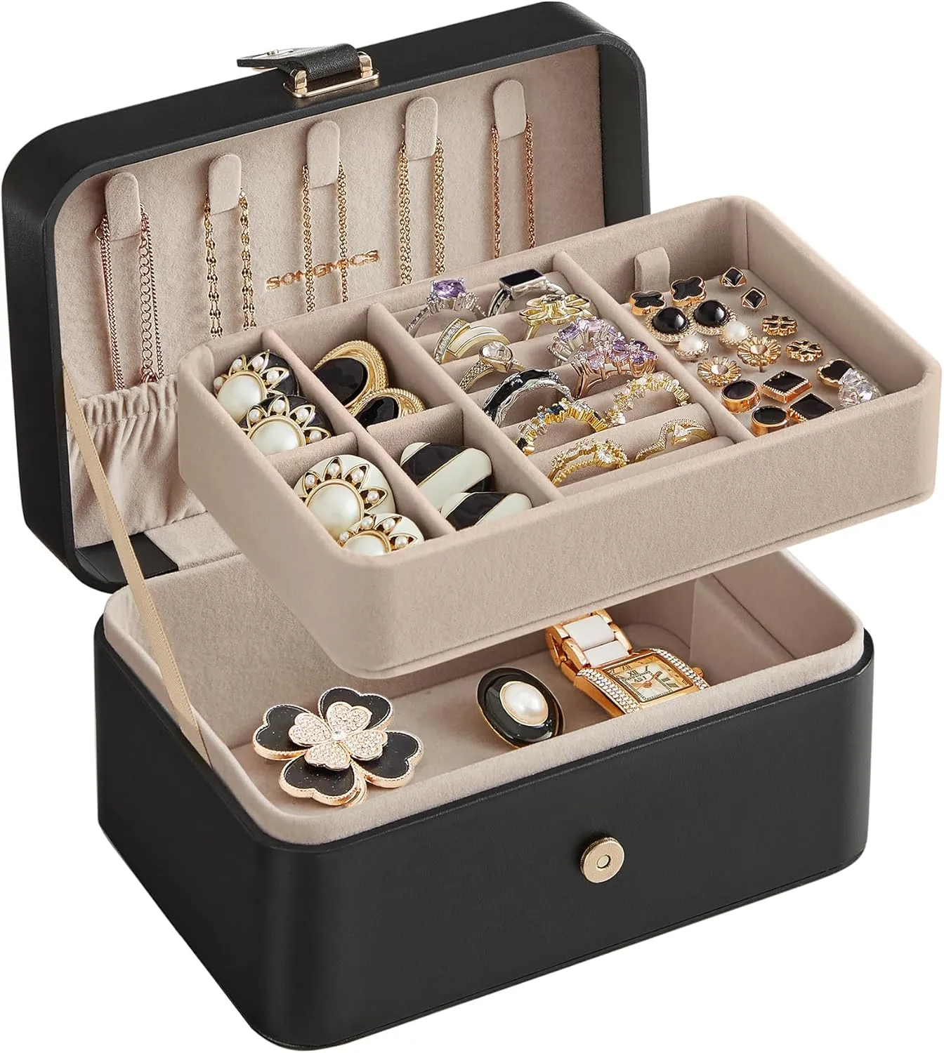 gentleman concomitant variant foul yew Black UJBC166B01 SONGMICS Jewelry Box, Travel Jewelry Case, 2-Layer Jewelry Holder Organizer, Portable Versatile Earring Storage, for Larger Accessories, Ink 