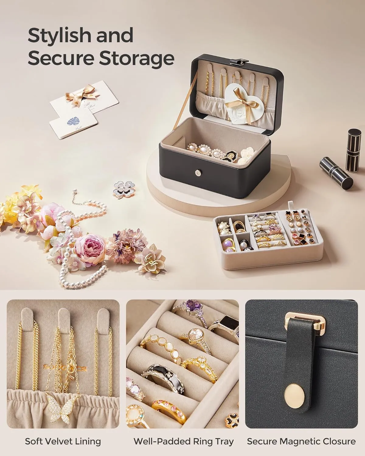 gentleman concomitant variant foul yew Black UJBC166B01 SONGMICS Jewelry Box, Travel Jewelry Case, 2-Layer Jewelry Holder Organizer, Portable Versatile Earring Storage, for Larger Accessories, Ink 