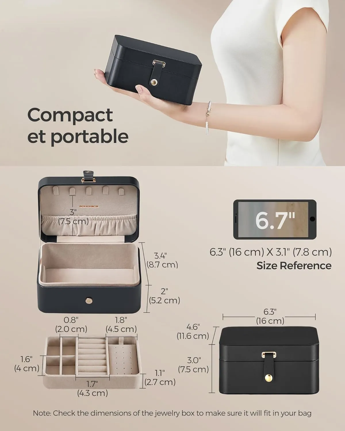 gentleman concomitant variant foul yew Black UJBC166B01 SONGMICS Jewelry Box, Travel Jewelry Case, 2-Layer Jewelry Holder Organizer, Portable Versatile Earring Storage, for Larger Accessories, Ink 