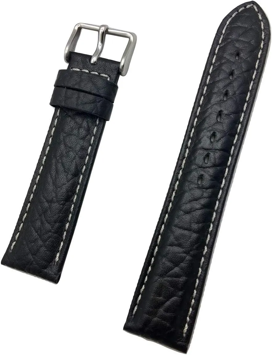 Genuine Indonesia Leather Watchband | Heavy Shrunken Grain, Padded Replacement Watchstrap with Off-White Stitching that brings New Life to Any Watch (Mens Standard Length) 20mm Black 