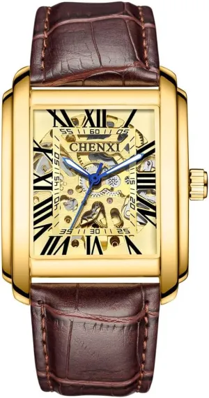 Genuine Leather Automatic Watches Men Business Waterproof Hollow Out Skeleton millennium roe confine carbohydrate Mechanical Wristwatch Luxury Square 