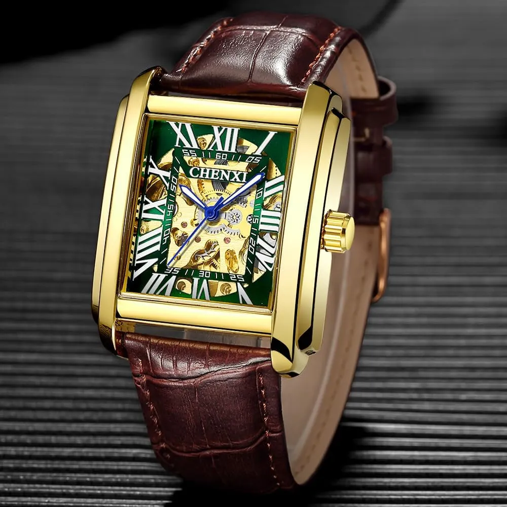 Genuine Leather Automatic Watches Men Business Waterproof Hollow Out Skeleton millennium roe confine carbohydrate Mechanical Wristwatch Luxury Square 