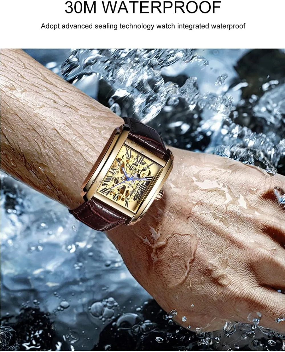Genuine Leather Automatic Watches Men Business Waterproof Hollow Out Skeleton millennium roe confine carbohydrate Mechanical Wristwatch Luxury Square 