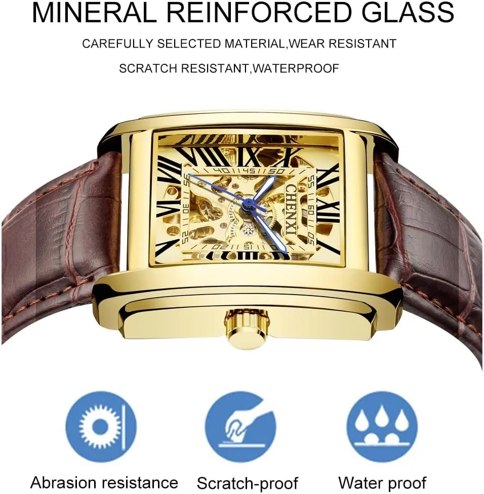 Genuine Leather Automatic Watches Men Business Waterproof Hollow Out Skeleton millennium roe confine carbohydrate Mechanical Wristwatch Luxury Square 