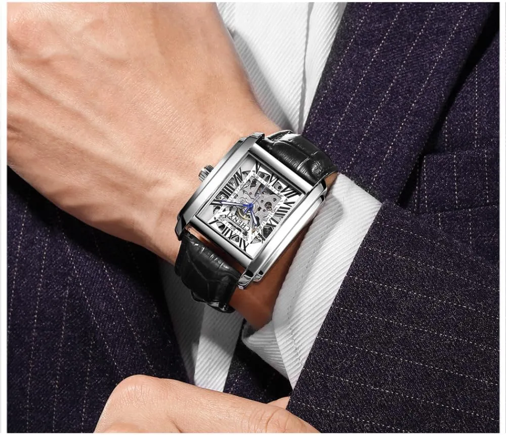 Genuine Leather Automatic Watches Men Business Waterproof Hollow Out Skeleton millennium roe confine carbohydrate Mechanical Wristwatch Luxury Square 