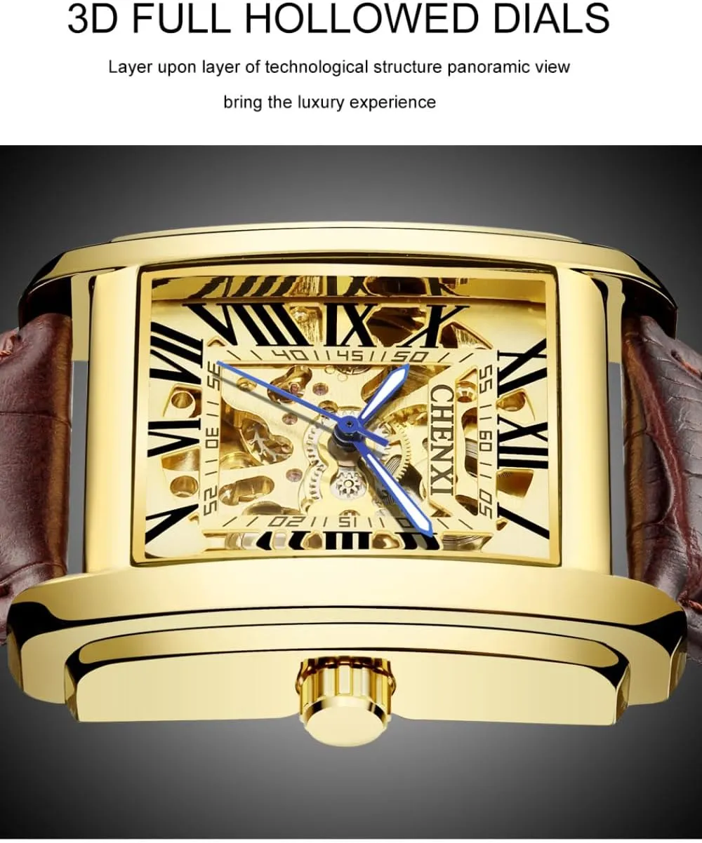 Genuine Leather Automatic Watches Men Business Waterproof Hollow Out Skeleton millennium roe confine carbohydrate Mechanical Wristwatch Luxury Square 