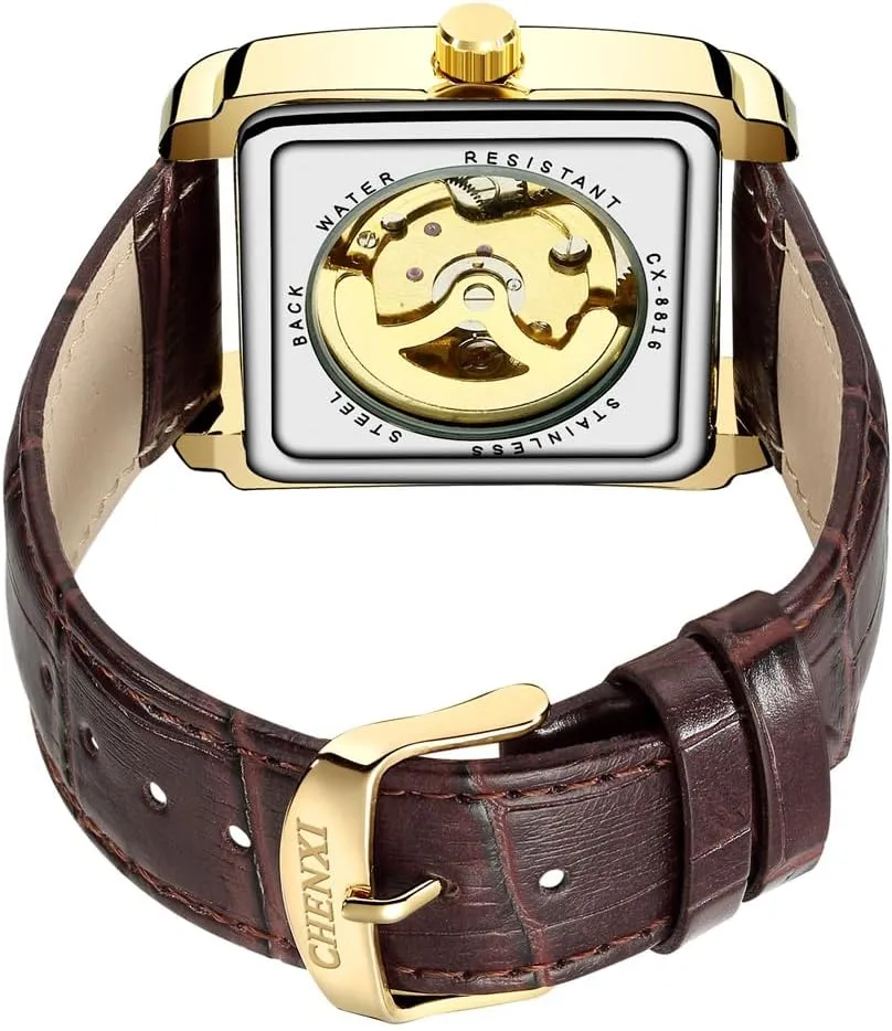 Genuine Leather Automatic Watches Men Business Waterproof Hollow Out Skeleton millennium roe confine carbohydrate Mechanical Wristwatch Luxury Square 