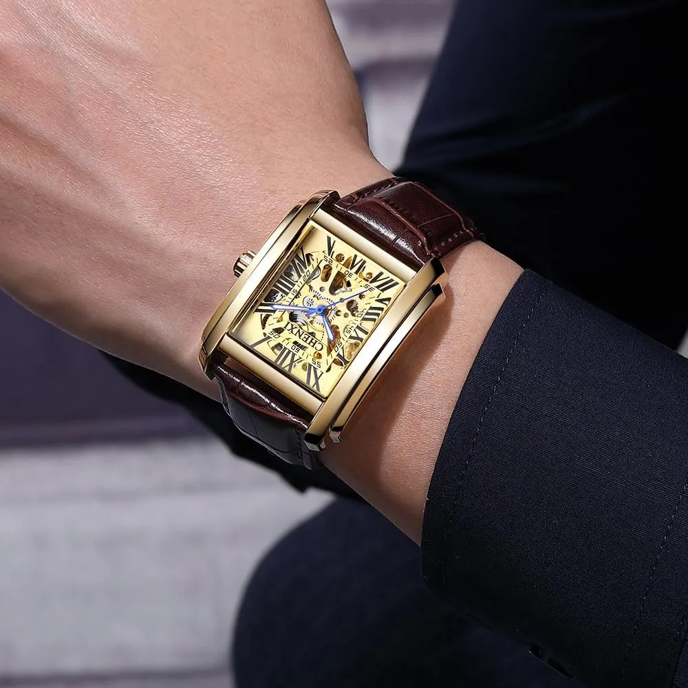 Genuine Leather Automatic Watches Men Business Waterproof Hollow Out Skeleton millennium roe confine carbohydrate Mechanical Wristwatch Luxury Square 
