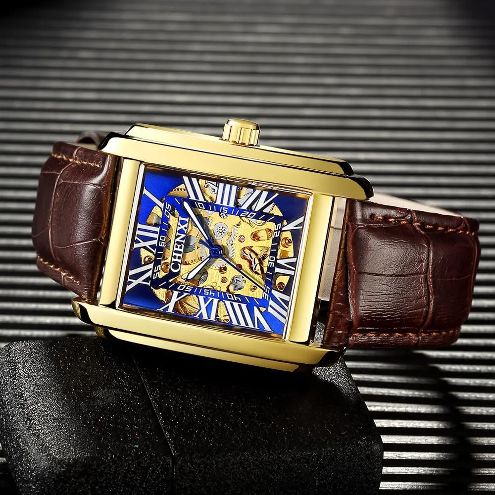 Genuine Leather Automatic Watches Men Business Waterproof Hollow Out Skeleton millennium roe confine carbohydrate Mechanical Wristwatch Luxury Square 