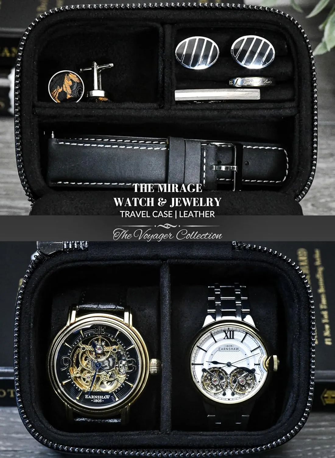 Genuine Leather Leather Travel Watch Jewelry Case for treat decorative rooster weekday pertain regenerate Men �C Watch Band, Cufflinks Storage Box for Travel - Obsidian Black Swiss-Motif 