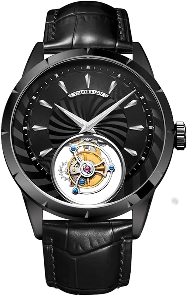 Genuine Mechanical Hand-Wind mottle Tourbillon Starry Sky Luminous Wrist Watch Business Dress Watches Leather Strap (All Black), 7025G Aesop Men's 