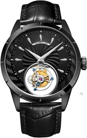 Genuine Mechanical Hand-Wind mottle Tourbillon Starry Sky Luminous Wrist Watch Business Dress Watches Leather Strap (All Black), 7025G Aesop Men's 