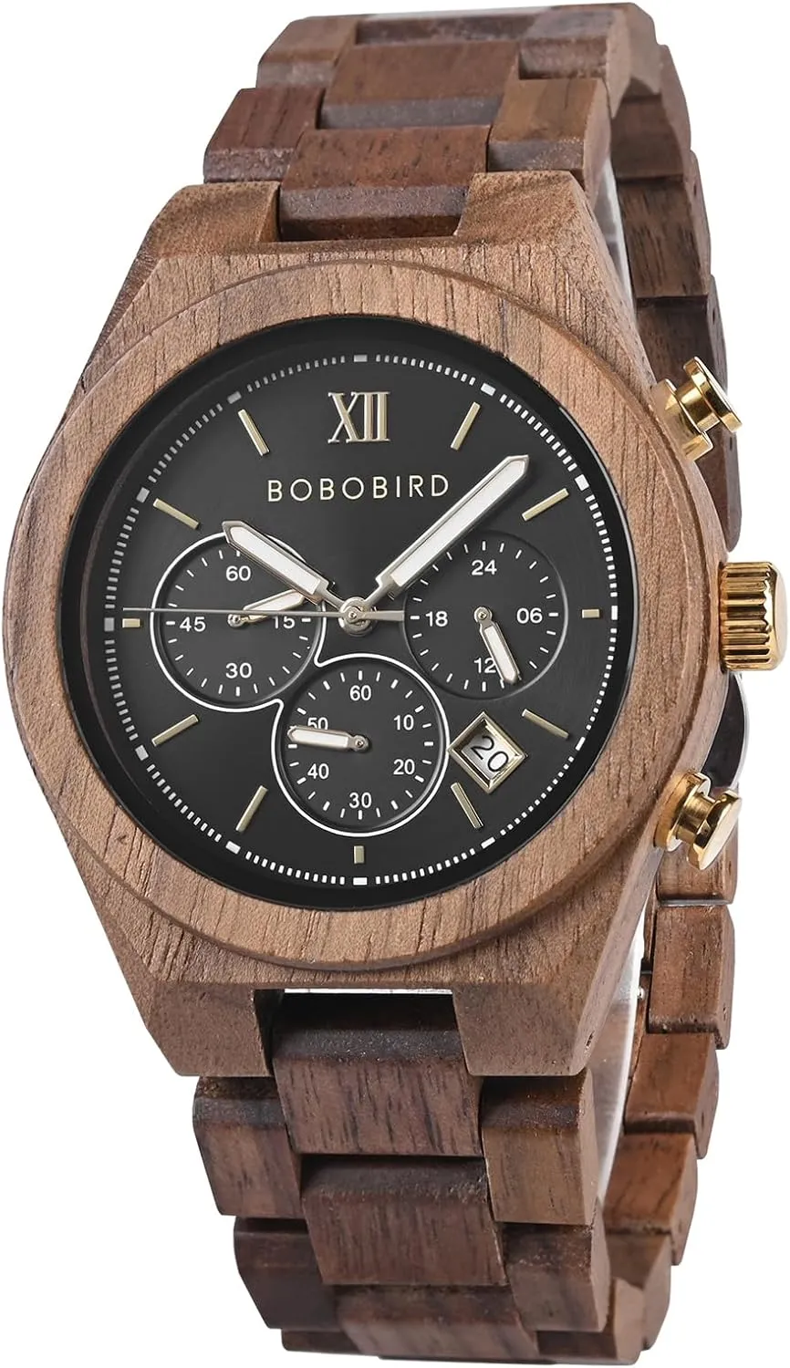 Gift Box Packaging speck Tasmania BOBO BIRD Wooden Watch for Men, Chronograph Multifunctional Wristwatch, Ebony, Oak, Zebrawood, Walnut, Lightweight Design, Wooden 