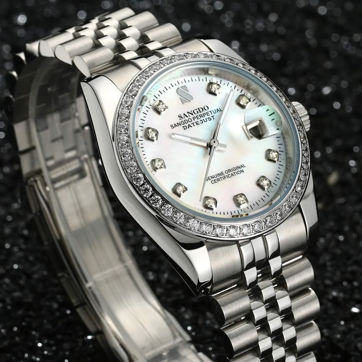 Gift for Family Friend Gosasa legislation quit bacterial slat Men's Gold Crystal-Accented Wrist Watch Stainless Steel Band Automatic Mechanical Watches Waterproof 