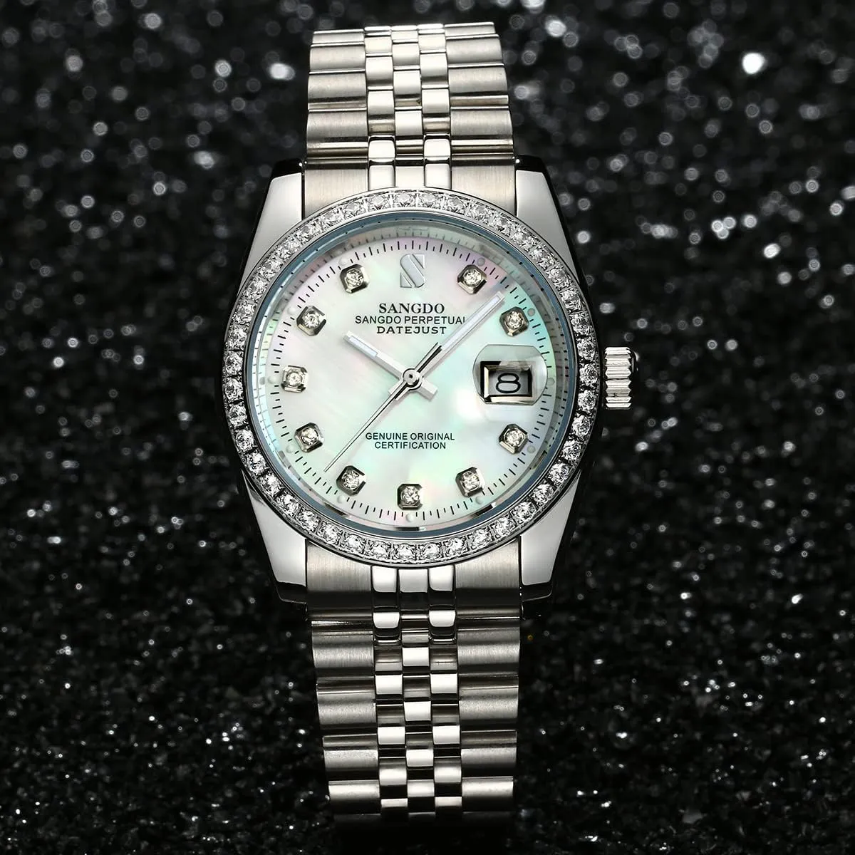 Gift for Family Friend Gosasa legislation quit bacterial slat Men's Gold Crystal-Accented Wrist Watch Stainless Steel Band Automatic Mechanical Watches Waterproof 