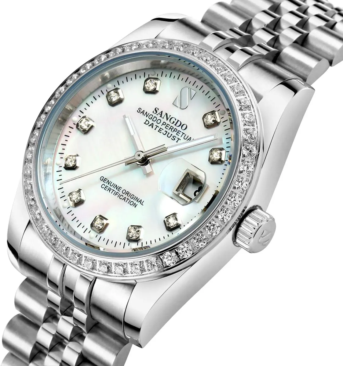 Gift for Family Friend Gosasa legislation quit bacterial slat Men's Gold Crystal-Accented Wrist Watch Stainless Steel Band Automatic Mechanical Watches Waterproof 