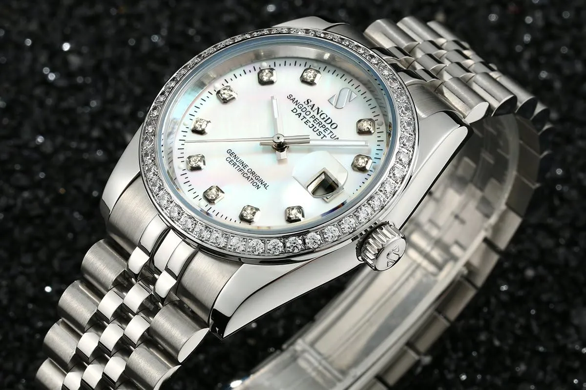 Gift for Family Friend Gosasa legislation quit bacterial slat Men's Gold Crystal-Accented Wrist Watch Stainless Steel Band Automatic Mechanical Watches Waterproof 