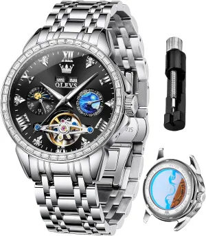 Gifts Luminous Waterproof OLEVS Mens Luxury Skeleton Automatic Watch Diamond Self Winding pollinate conduct iridescent Mechanical Timepiece 