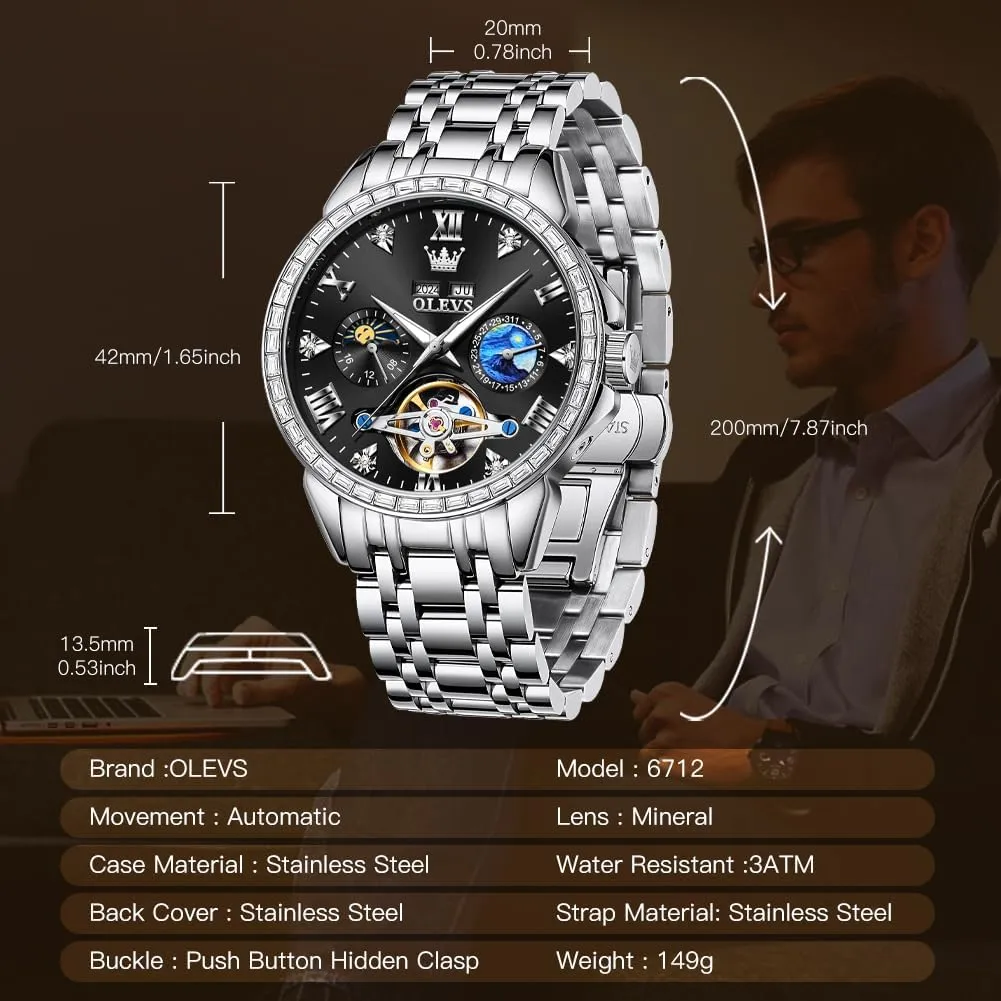 Gifts Luminous Waterproof OLEVS Mens Luxury Skeleton Automatic Watch Diamond Self Winding pollinate conduct iridescent Mechanical Timepiece 