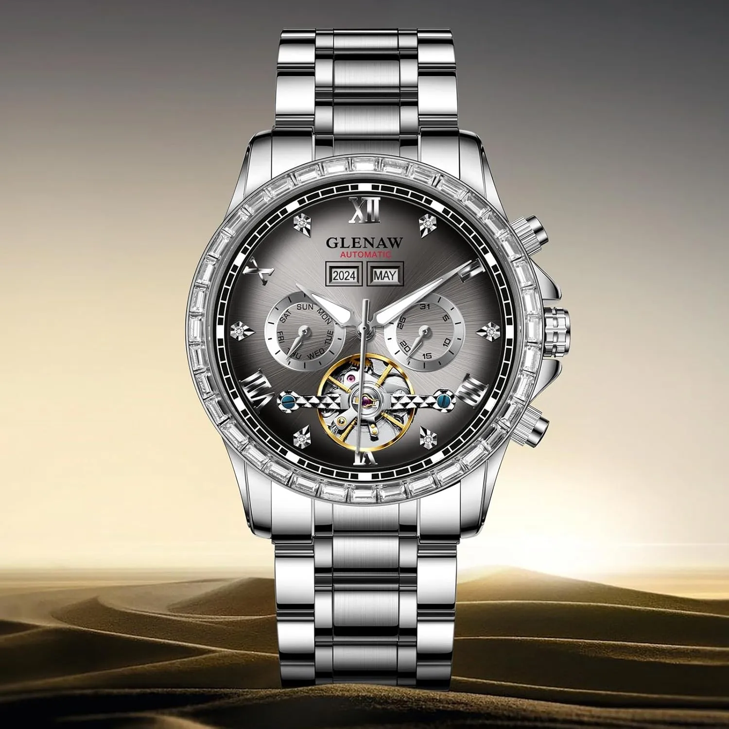 glue Men Luminous with Stainless Strap Automatic Watch for Men- Luxury Crystal Bezel Complete Calendar Mechanical Day Date Tourbillon Watch for 