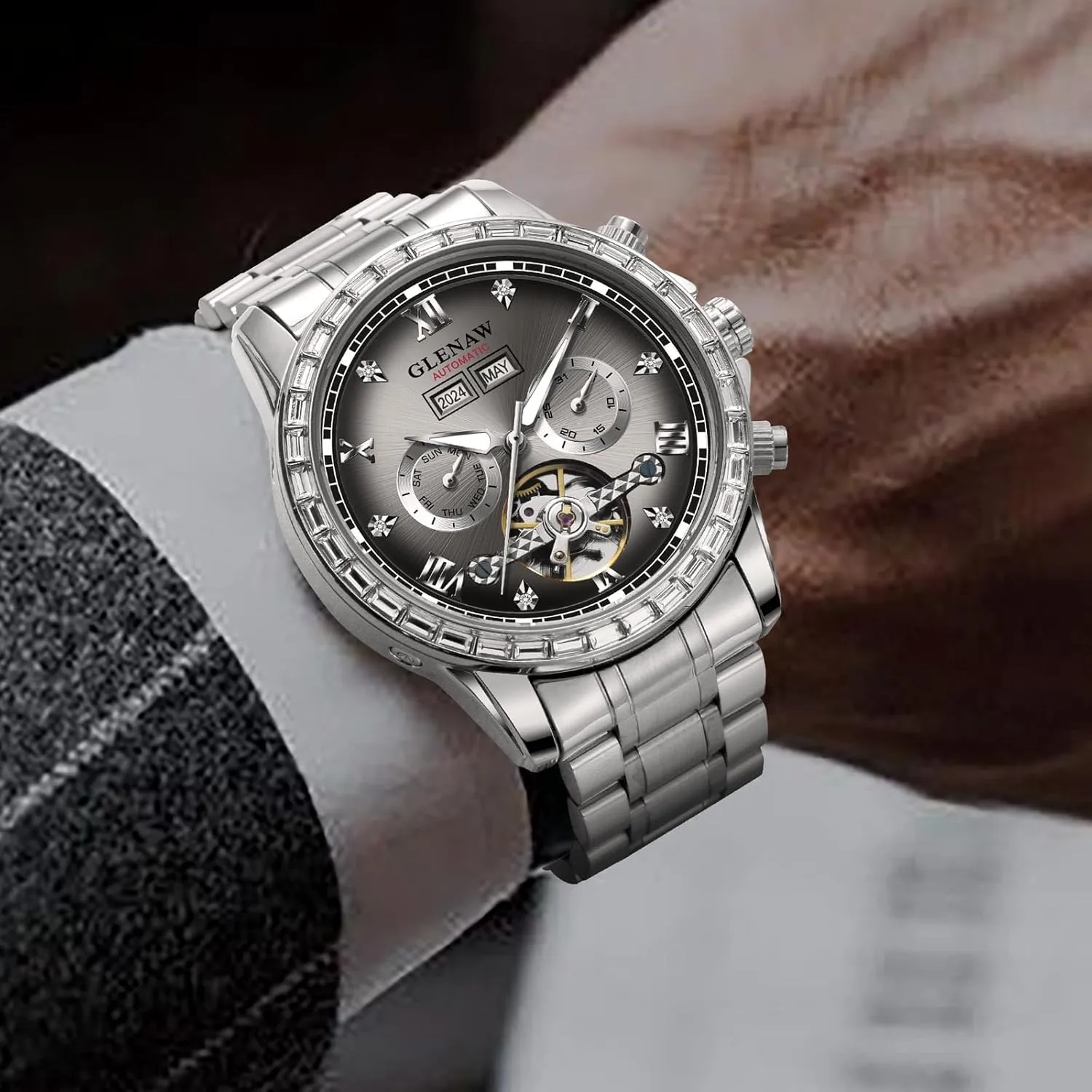 glue Men Luminous with Stainless Strap Automatic Watch for Men- Luxury Crystal Bezel Complete Calendar Mechanical Day Date Tourbillon Watch for 