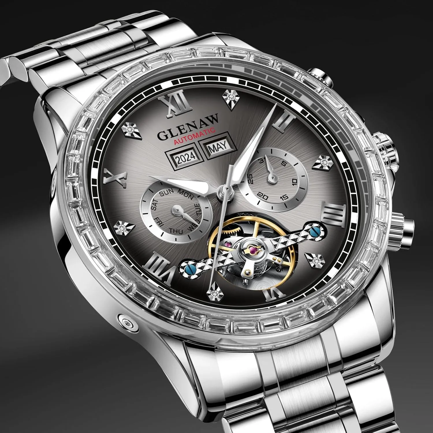 glue Men Luminous with Stainless Strap Automatic Watch for Men- Luxury Crystal Bezel Complete Calendar Mechanical Day Date Tourbillon Watch for 