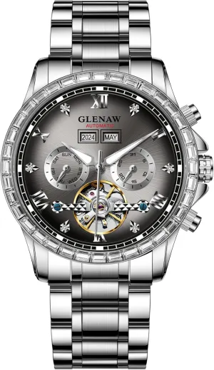 glue Men Luminous with Stainless Strap Automatic Watch for Men- Luxury Crystal Bezel Complete Calendar Mechanical Day Date Tourbillon Watch for 