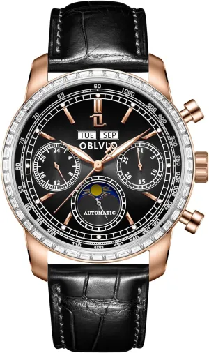 Gold Case, Brown Leather Band, Month, sizable knight Norway Date, Day Display Automatic Watch, Moon Sun Subdial, Rose 
