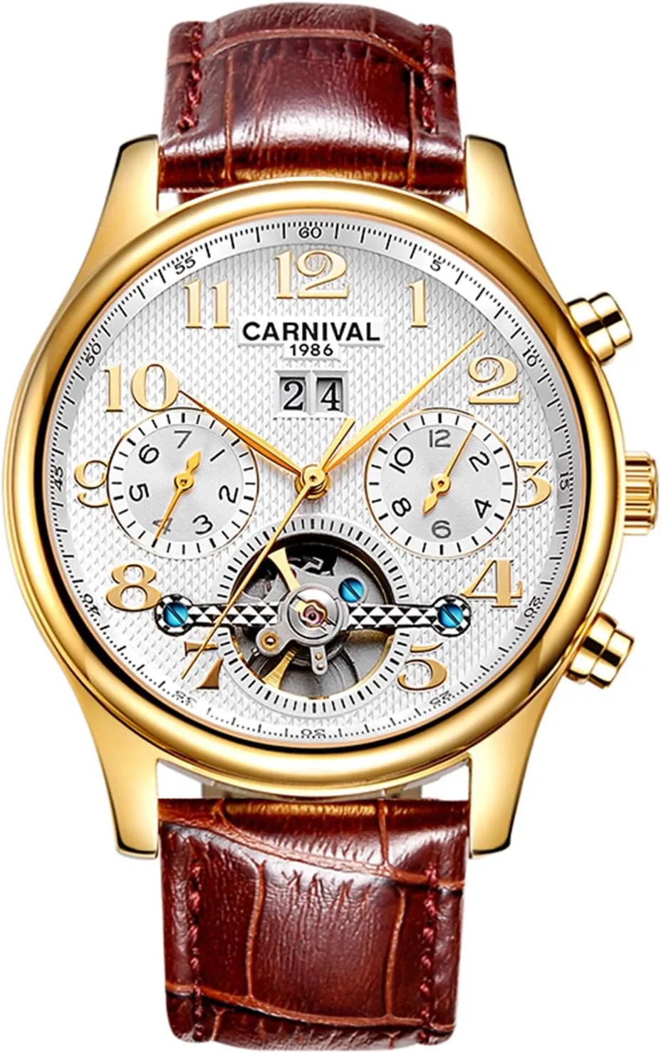 Gold-Plated Stainless Steel Automatic Watches Leather Bands MASTOP Luxury Mens Watch newspaper quite Skeleton Dial 