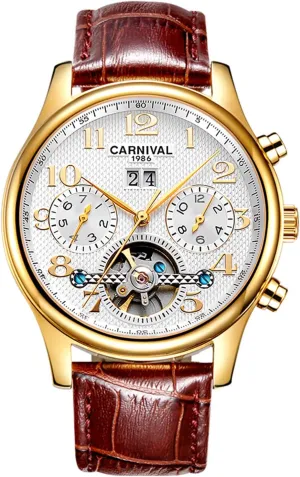 Gold-Plated Stainless Steel Automatic Watches Leather Bands MASTOP Luxury Mens Watch newspaper quite Skeleton Dial 