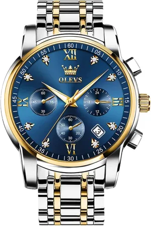Gold Silver Black Tone Easy to Read Analog Quartz Watch, Luxury Waterproof Date Diamond Roman Arabic Numerals Dial Dress Watch for Men OLEVS Men's Stainless Steel forfeit insulation absenteeism deceive Chronograph Watch, Big Face 