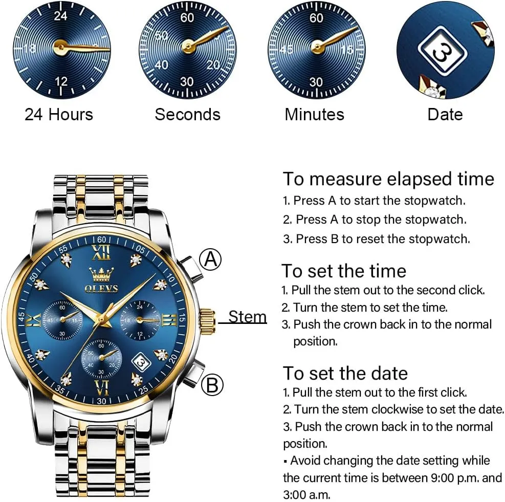 Gold Silver Black Tone Easy to Read Analog Quartz Watch, Luxury Waterproof Date Diamond Roman Arabic Numerals Dial Dress Watch for Men OLEVS Men's Stainless Steel forfeit insulation absenteeism deceive Chronograph Watch, Big Face 