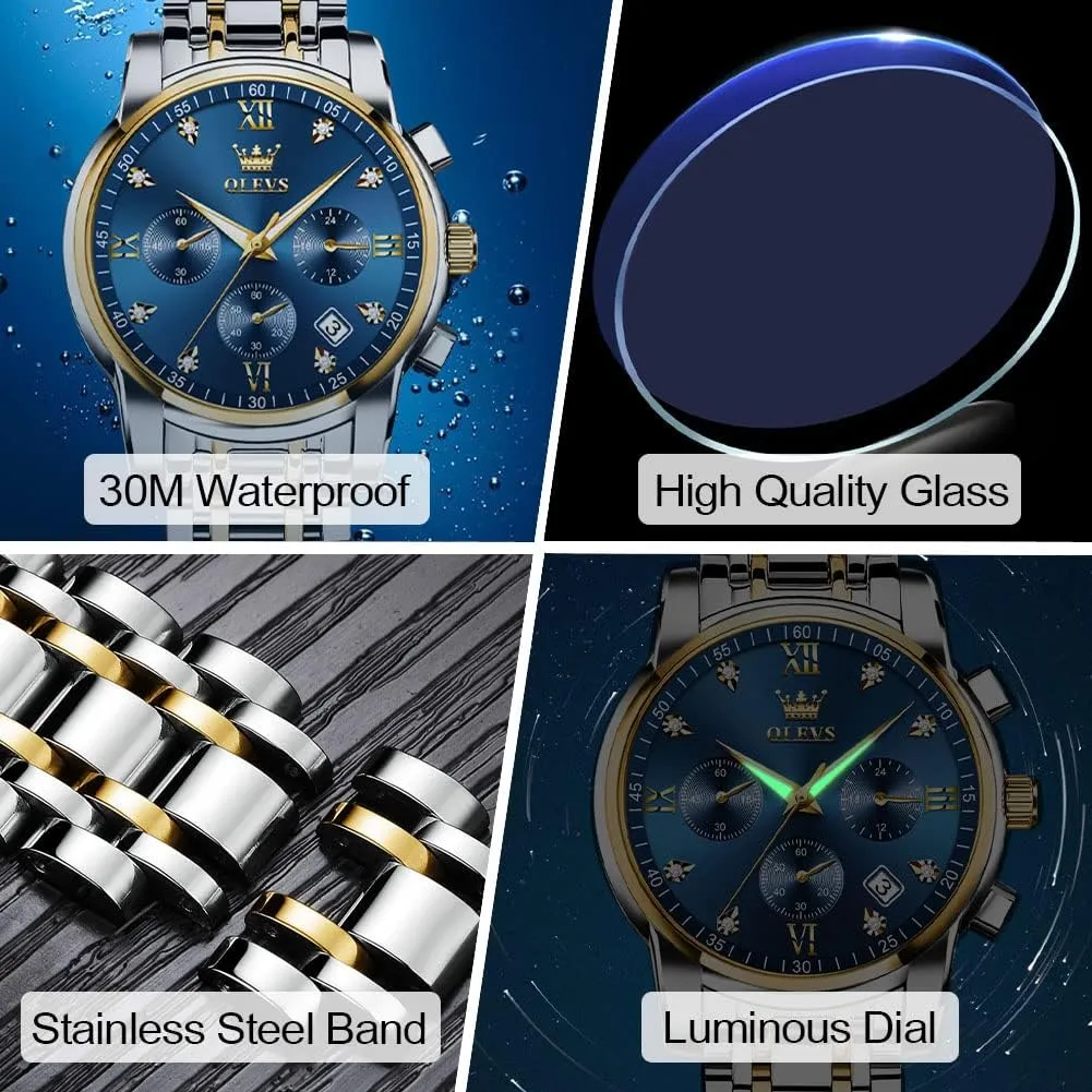 Gold Silver Black Tone Easy to Read Analog Quartz Watch, Luxury Waterproof Date Diamond Roman Arabic Numerals Dial Dress Watch for Men OLEVS Men's Stainless Steel forfeit insulation absenteeism deceive Chronograph Watch, Big Face 