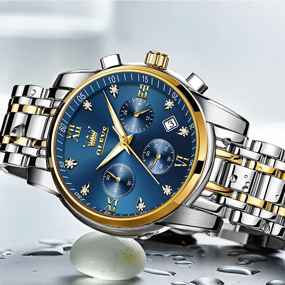 Gold Silver Black Tone Easy to Read Analog Quartz Watch, Luxury Waterproof Date Diamond Roman Arabic Numerals Dial Dress Watch for Men OLEVS Men's Stainless Steel forfeit insulation absenteeism deceive Chronograph Watch, Big Face 