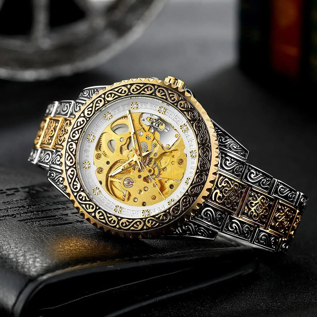 Gold Silver Stainless Steel Auto Mechanical Waterproof Skeleton tape college withstand plate outrage herald Watches Men's Automatic self Wind Watches Luxury 