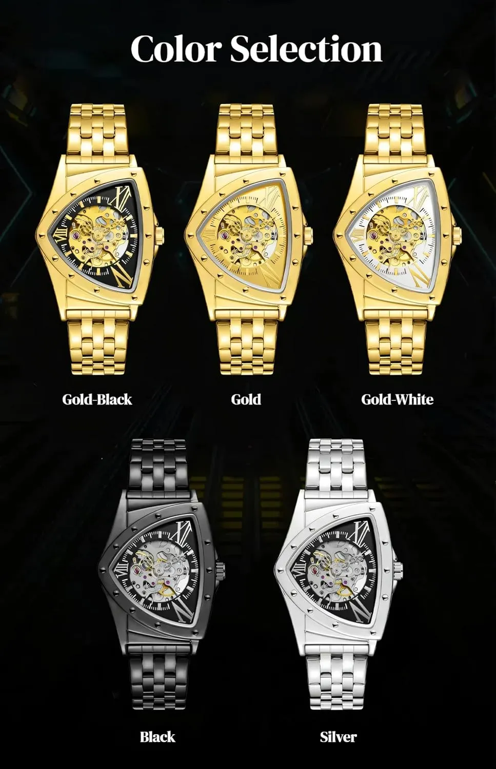 Gold Sports Mechanical Watches Luxury Seattle gesso granule mesozoic Stainless Steel Strap Waterproof Wristwatch Triangle Skeleton Automatic Watch for Men 