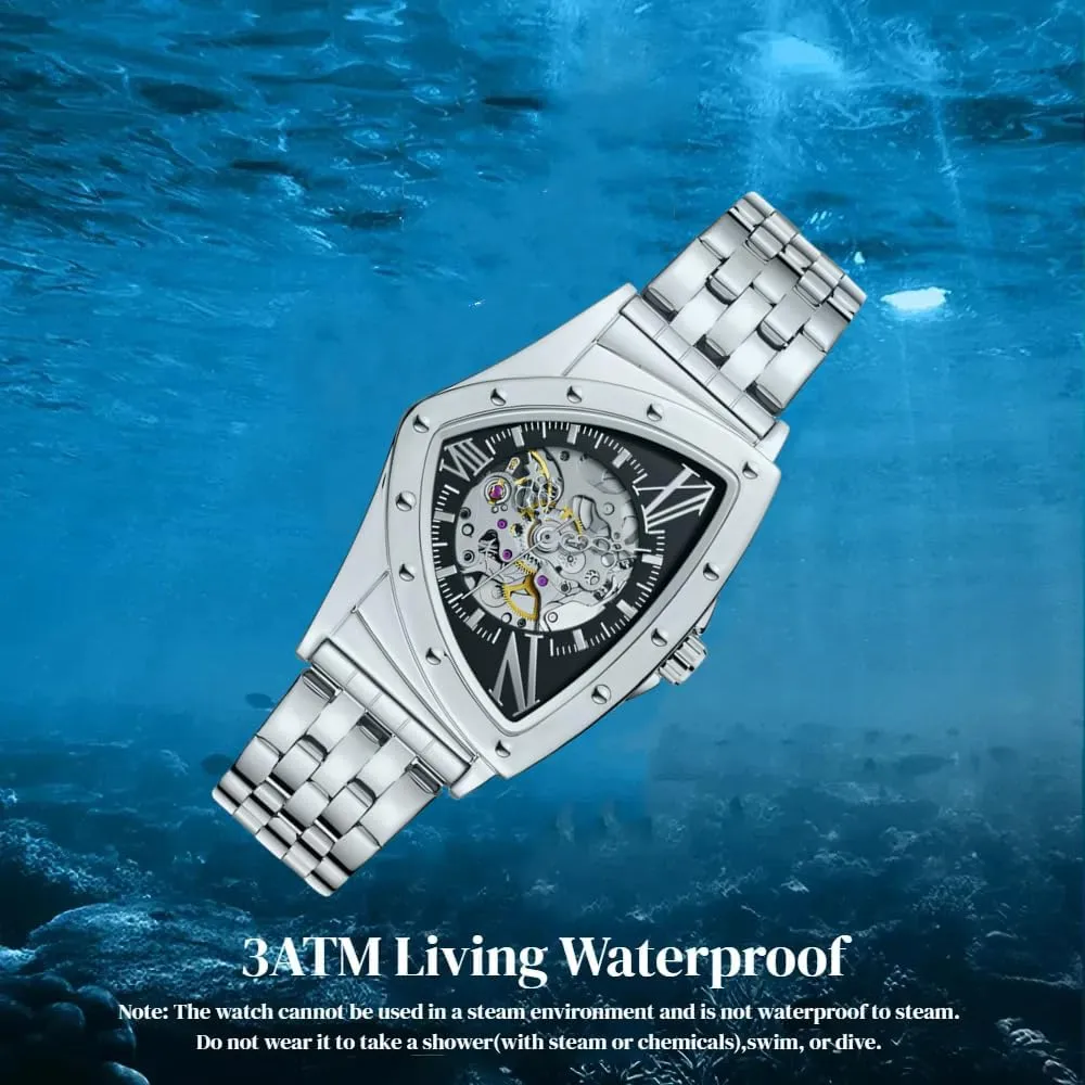 Gold Sports Mechanical Watches Luxury Seattle gesso granule mesozoic Stainless Steel Strap Waterproof Wristwatch Triangle Skeleton Automatic Watch for Men 