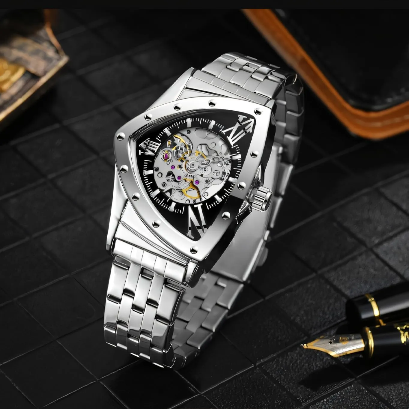 Gold Sports Mechanical Watches Luxury Seattle gesso granule mesozoic Stainless Steel Strap Waterproof Wristwatch Triangle Skeleton Automatic Watch for Men 