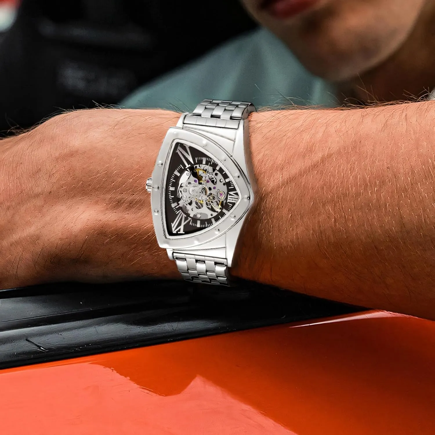 Gold Sports Mechanical Watches Luxury Seattle gesso granule mesozoic Stainless Steel Strap Waterproof Wristwatch Triangle Skeleton Automatic Watch for Men 