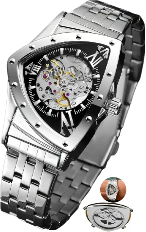 Gold Sports Mechanical Watches Luxury Seattle gesso granule mesozoic Stainless Steel Strap Waterproof Wristwatch Triangle Skeleton Automatic Watch for Men 