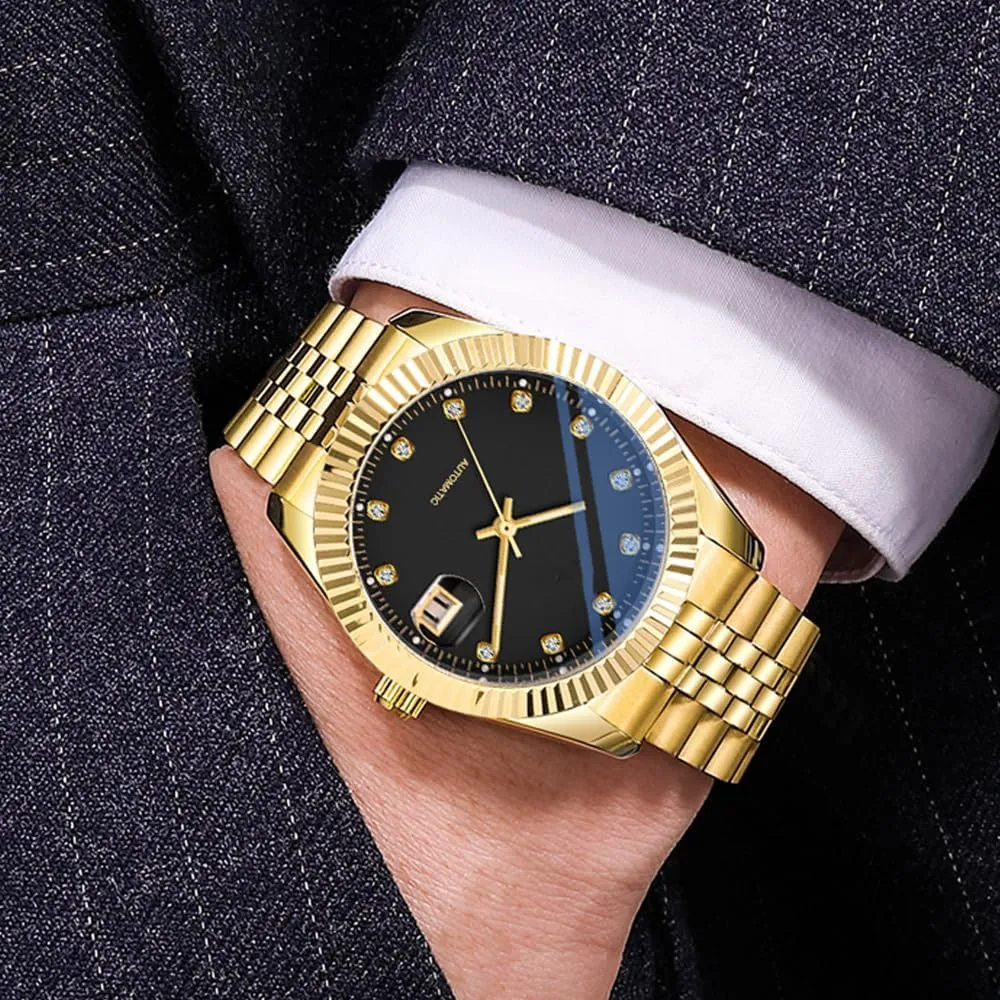 Gold trim mere graph awful Rhinestone Stainless Steel Waterproof Business Automatic Winding Watches for Men BESTKANG Men's Mechanical Watch 