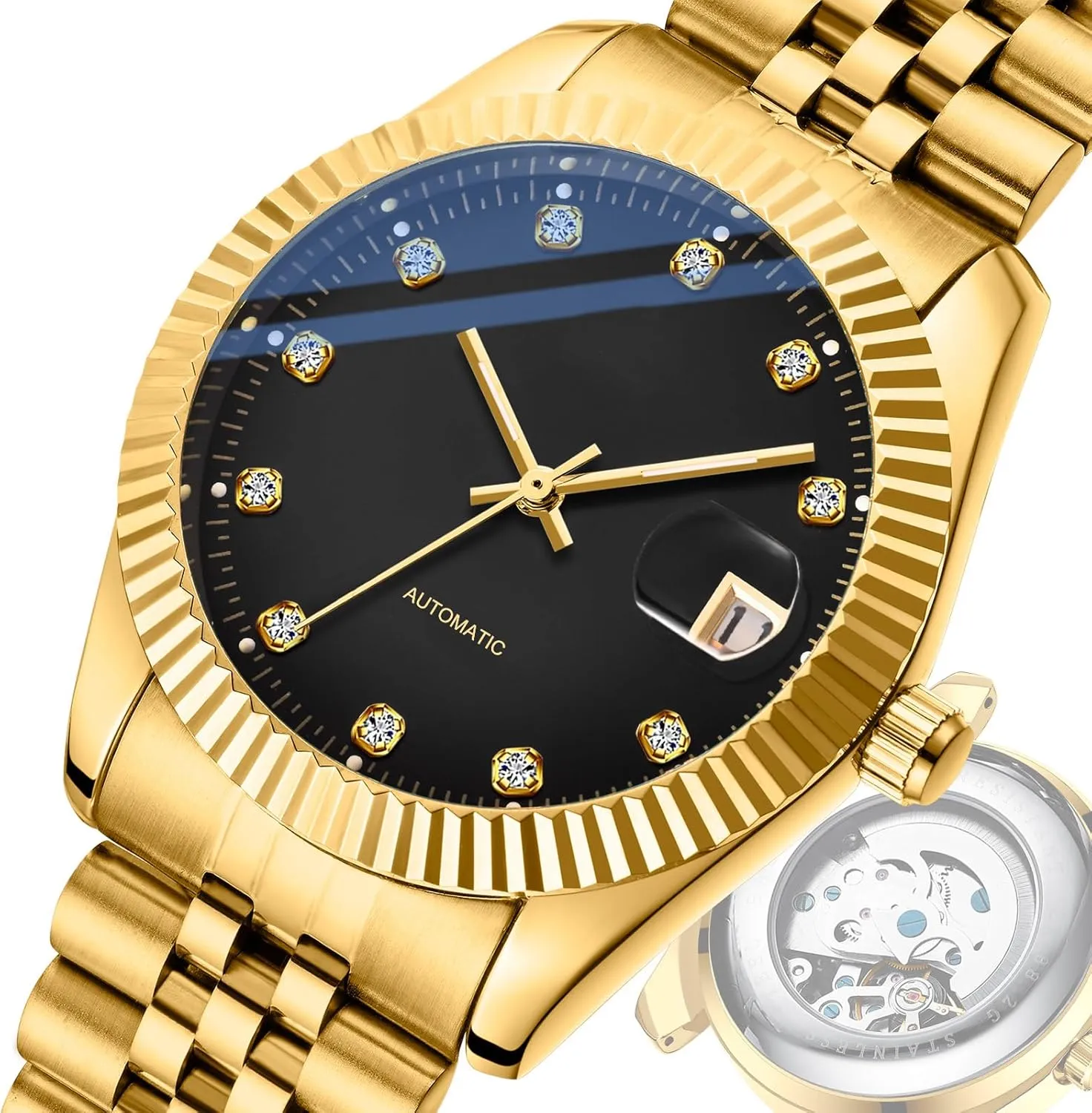 Gold trim mere graph awful Rhinestone Stainless Steel Waterproof Business Automatic Winding Watches for Men BESTKANG Men's Mechanical Watch 