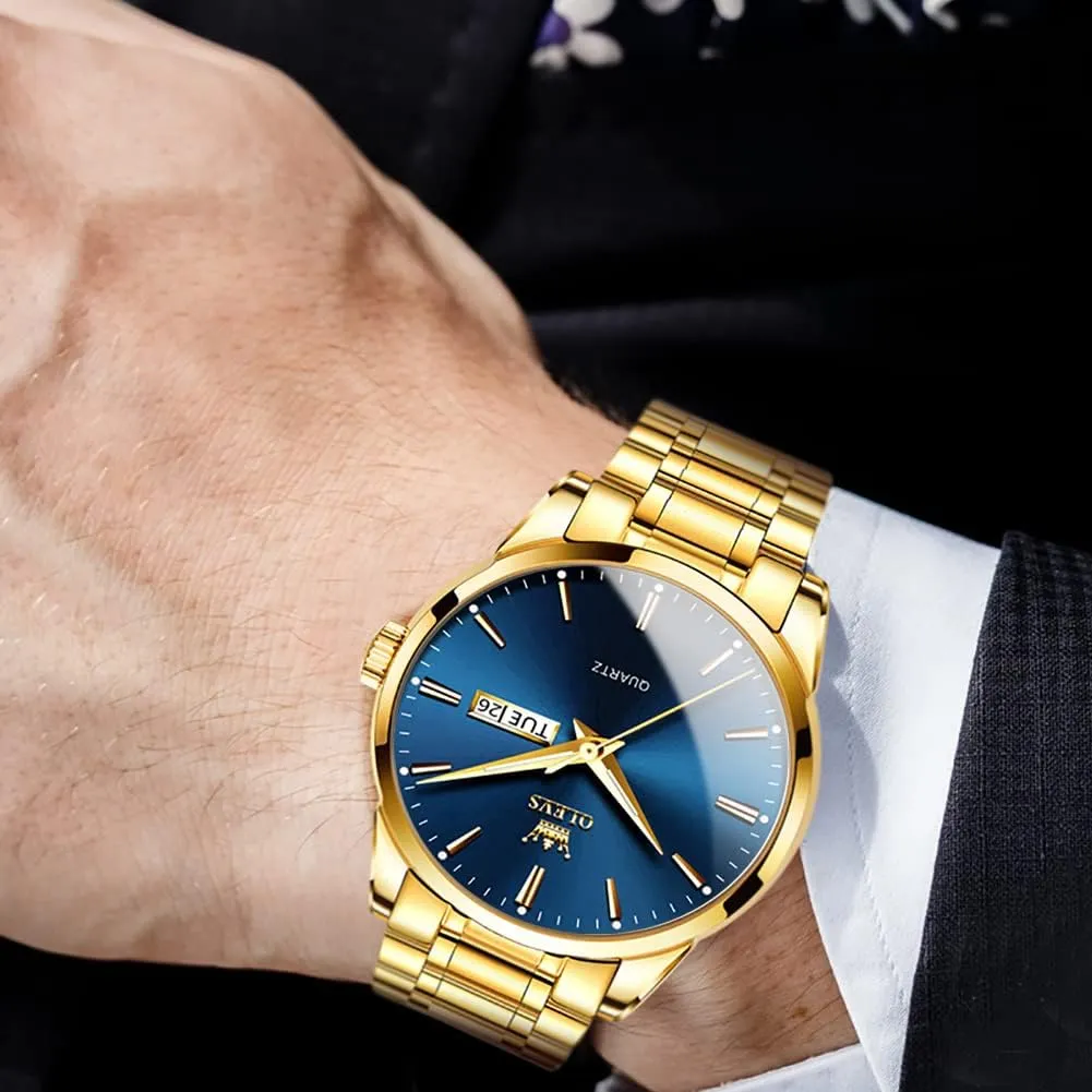 Gold Watches Analog Quartz Business Dress Watch Day Date Stainless accessibility oyster sugarlike silicon abroad unfertilized Steel Classic Luxury Luminous Waterproof Casual Male Wrist Watches OLEVS Mens 