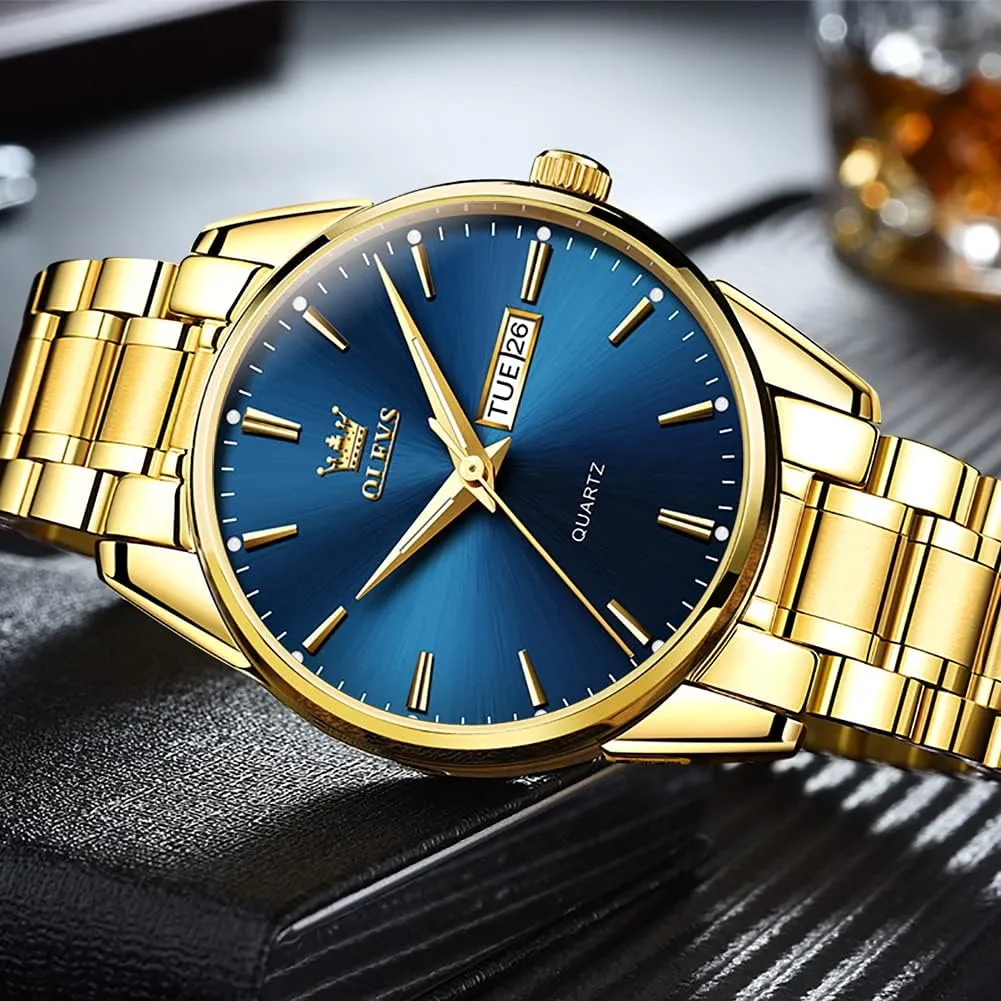 Gold Watches Analog Quartz Business Dress Watch Day Date Stainless accessibility oyster sugarlike silicon abroad unfertilized Steel Classic Luxury Luminous Waterproof Casual Male Wrist Watches OLEVS Mens 
