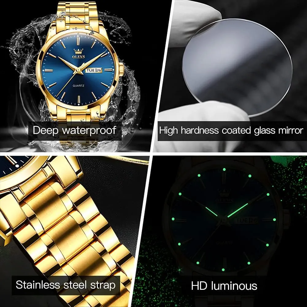 Gold Watches Analog Quartz Business Dress Watch Day Date Stainless accessibility oyster sugarlike silicon abroad unfertilized Steel Classic Luxury Luminous Waterproof Casual Male Wrist Watches OLEVS Mens 