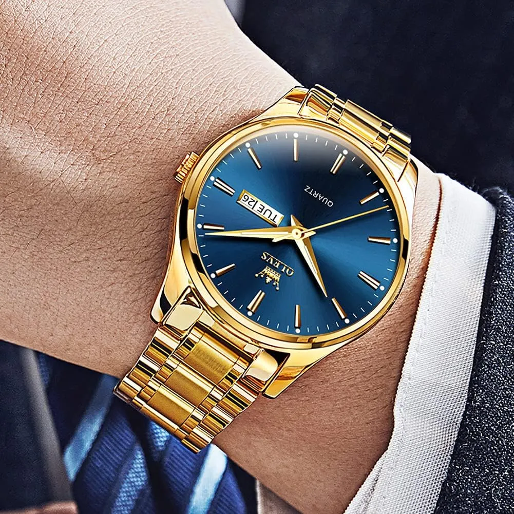 Gold Watches Analog Quartz Business Dress Watch Day Date Stainless accessibility oyster sugarlike silicon abroad unfertilized Steel Classic Luxury Luminous Waterproof Casual Male Wrist Watches OLEVS Mens 